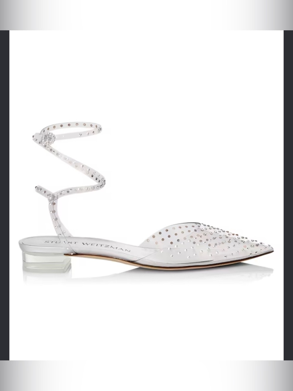 Stuart Weitzman glam wrap flat 8.5 Clear Crystal-Studded Pointed Ankle Wrap Flat